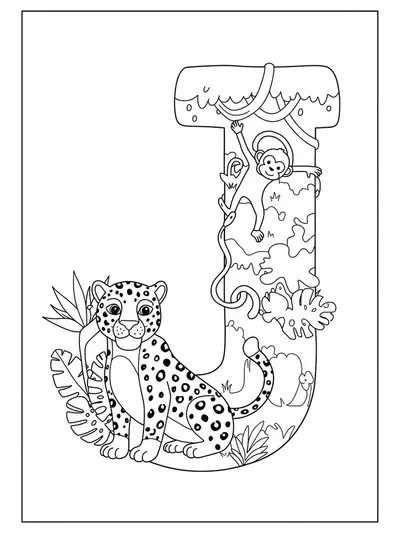 Easy coloring page with a big letter J and friendly jungle animals, suitable for elementary kids.