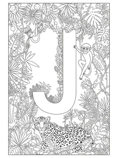 Line art of a large letter J surrounded by jungle vines, jaguars, and monkeys, with complex leaf and animal patterns.