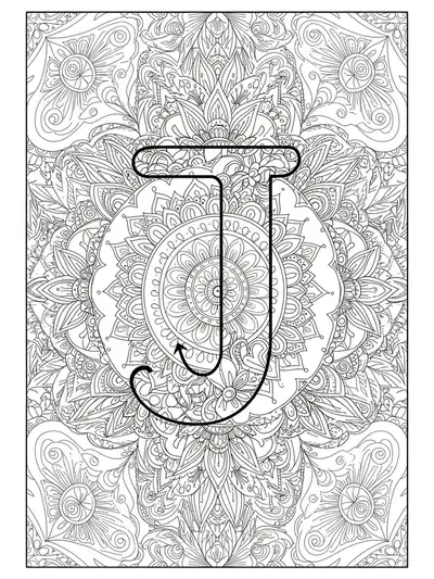 Intricate letter J surrounded by medium-complexity mandala garden flowers and botanical shapes, adult coloring page.