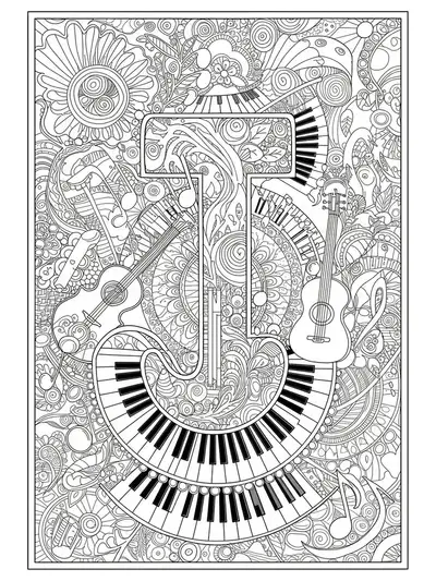 Letter J surrounded by musical notes, instruments, and mandala patterns, black and white medium-difficulty coloring page for adults.
