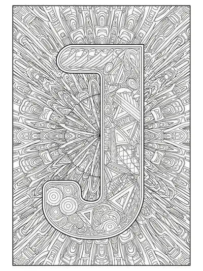 Letter J incorporated within geometric optical illusion shapes and lines, medium complexity adult coloring page.