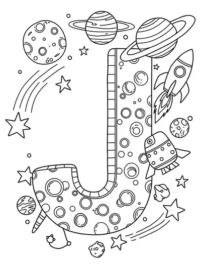 Letter J with planets, rockets, and stars in outer space, medium-level black and white coloring page for adults.