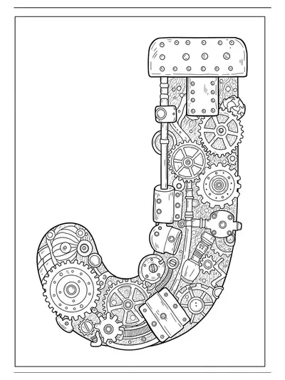 Letter J with surrounding steampunk gears, cogs, and pipes, medium detail black and white coloring page for adults.