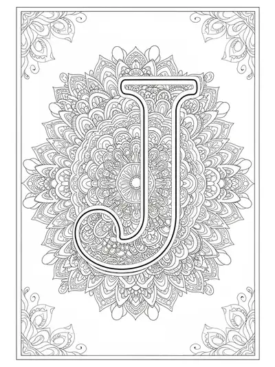 Letter J surrounded by detailed mandala patterns and faceted gemstone shapes.