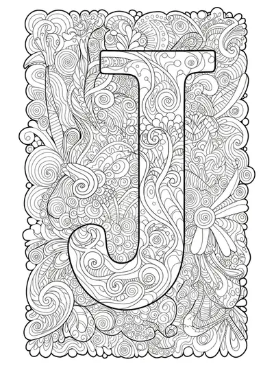 Letter J surrounded by highly detailed zen doodle patterns and repetitive linework.