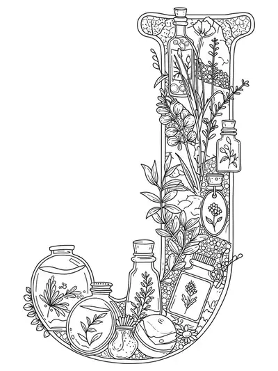 Letter J surrounded by vintage apothecary jars, plants, and ornate labels, medium-complexity adult coloring page.