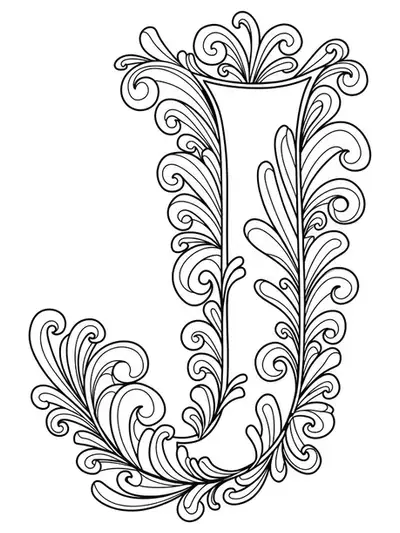 Line art of letter J with abstract swirls and flowing lines, easy for adult coloring