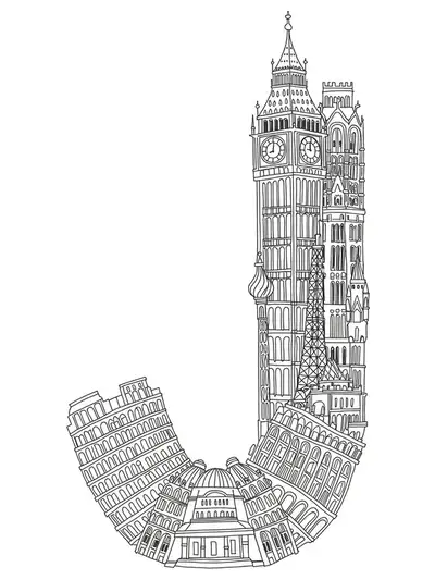 Letter J designed with intricate details of famous buildings and monuments from around the world.