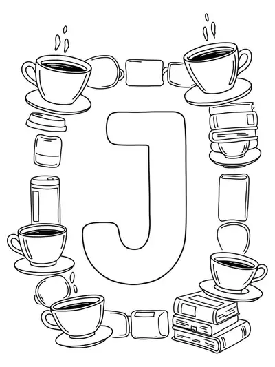Line art of the letter J with coffee cups and books, simple and easy for adults