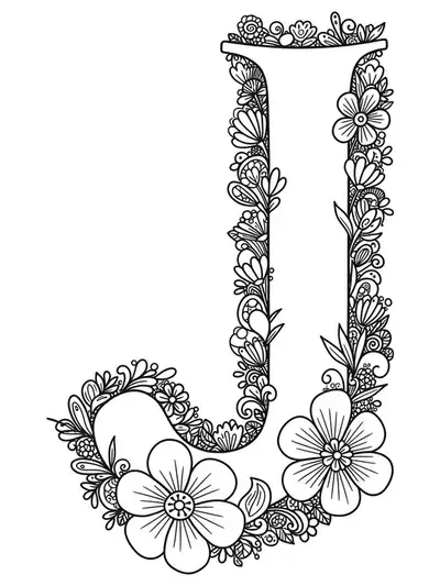 Simple line art of the letter J framed with easy flower outlines, adult coloring