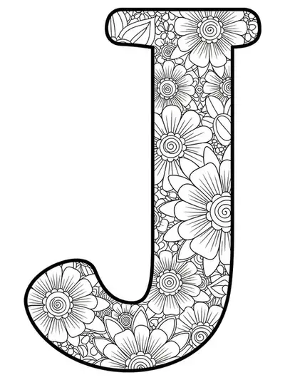 Easy floral mandala-themed letter J coloring page for teens with large outlines.