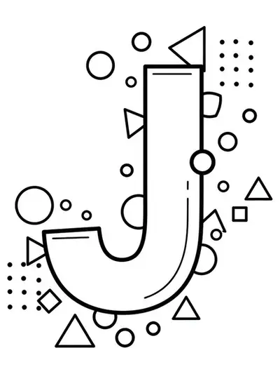 Line art of the letter J with geometric shapes like circles, triangles, and squares around it