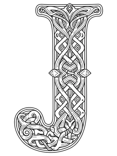 Letter J intricately entwined with complex Celtic knot patterns and loops.