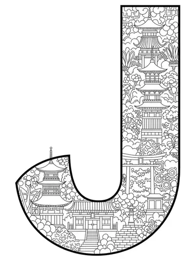 line art letter J with pagodas, torii gates, and Japanese architectural elements