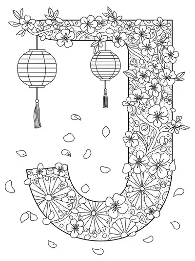 line art letter J with cherry blossom branches, lanterns, petals, and stylized festival elements