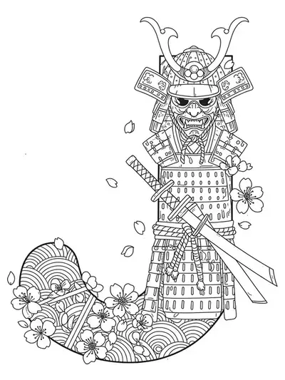 line art letter J with katana swords, samurai helmet, armor, and cherry blossoms