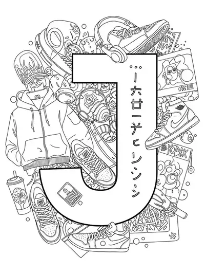 line art letter J surrounded by Japanese streetwear items, including shoes, hoodies, headphones, and graffiti graphics