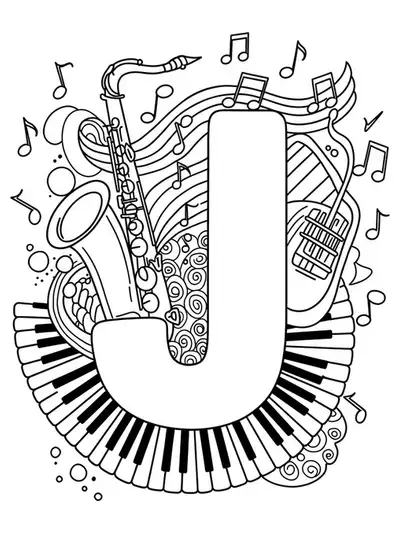 line art of letter J with saxophones, musical notes, piano keys, and jazzy accents
