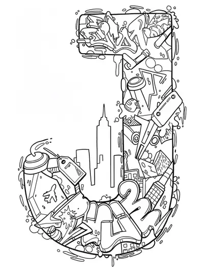 line art letter J with spray paint, jet stream effects, city skyline silhouettes, and graffiti tags