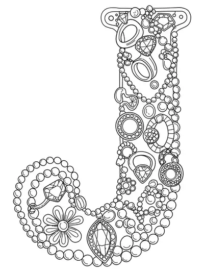 line art letter J decorated with rings, necklaces, gemstones, and detailed jewelry patterns