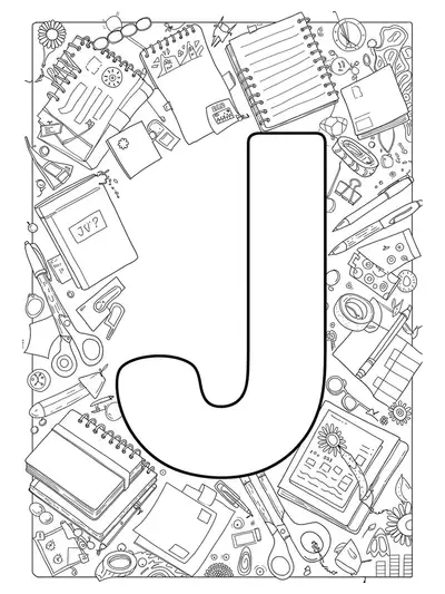 line art letter J with stationery items like notebooks, pens, tapes, stickers, and journal doodles