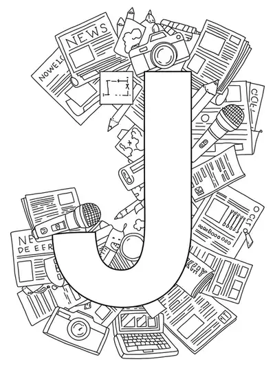 line art letter J surrounded by microphones, cameras, newspapers, notepads, and laptops