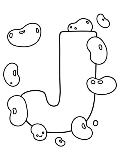 Simple coloring page of a large letter J with big jellybeans jumping around it.