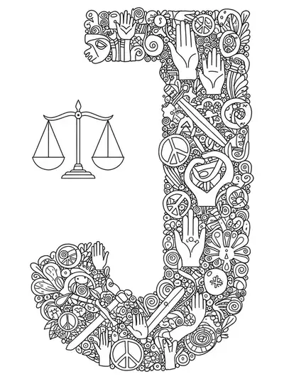 line art letter J surrounded by balanced scales, peace signs, unity hands, and equality symbols
