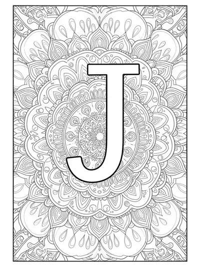 Simple line art of the letter J with basic mandala patterns around it, easy for adults