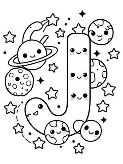 Kawaii galaxy planet themed letter J coloring page for teens with easy, cute outlines.