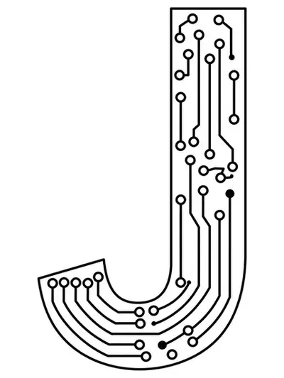 Tech circuit board themed letter J coloring page for teens with easy outlines.