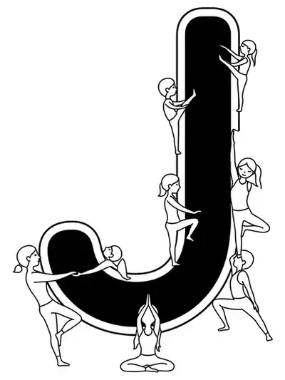 Easy yoga-themed letter J coloring page for teens with simple pose outlines.