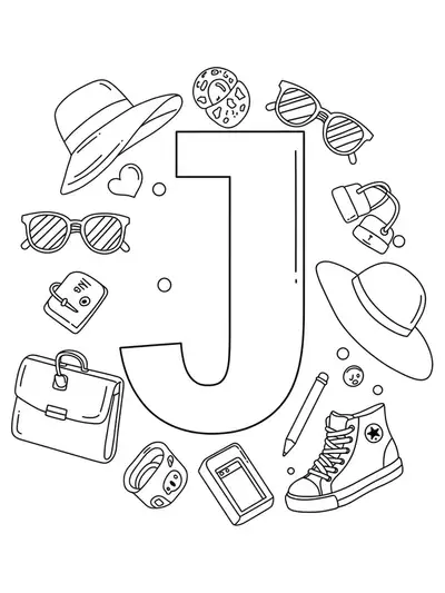 Letter J coloring page with easy fashion accessory outlines for teens.
