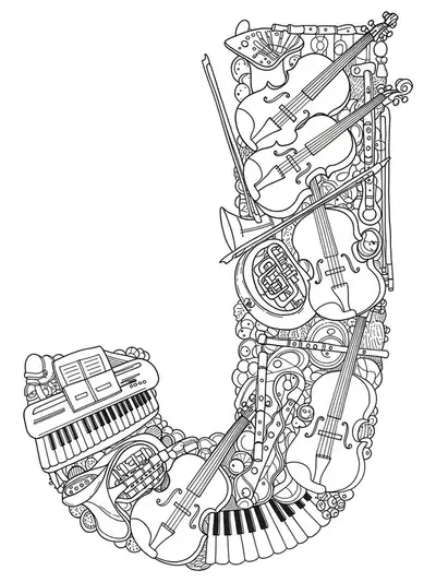 Letter J formed from and surrounded by intricate illustrations of various musical instruments.