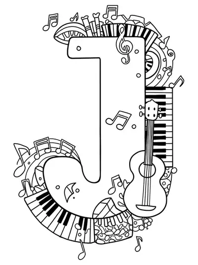 Line art of the letter J surrounded by musical notes and simple instruments, adult easy