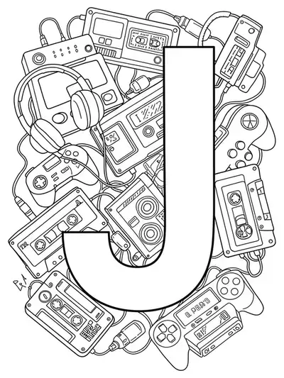 Letter J coloring page with easy outlines of 90s tech gadgets for teens.