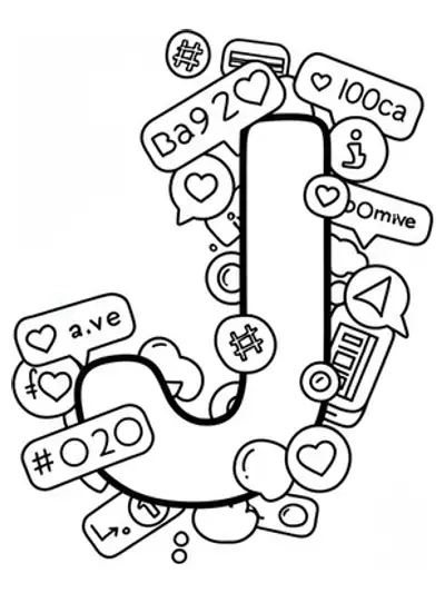 Printable letter J coloring page decorated with simple social media icons for teens.