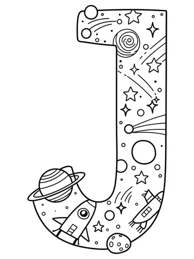 Easy letter J coloring page for teens with stars and space elements around the letter.