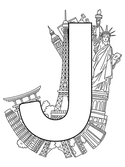 Letter J coloring page for teens with easy landmark outlines for coloring.