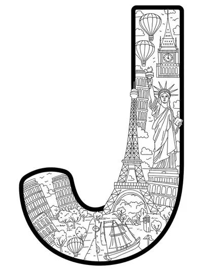 Simple line art of the letter J with famous landmarks like Eiffel Tower and Statue of Liberty