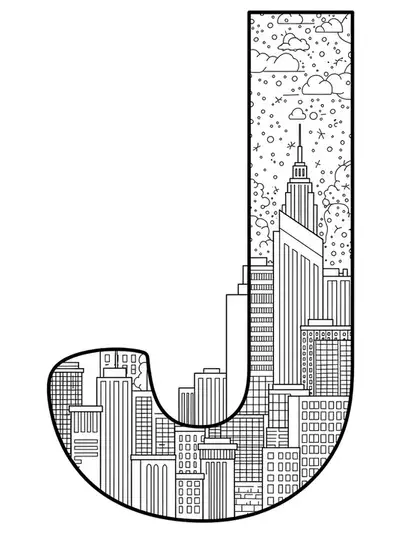 Simple line art of letter J with easy outlines of tall buildings and city lights