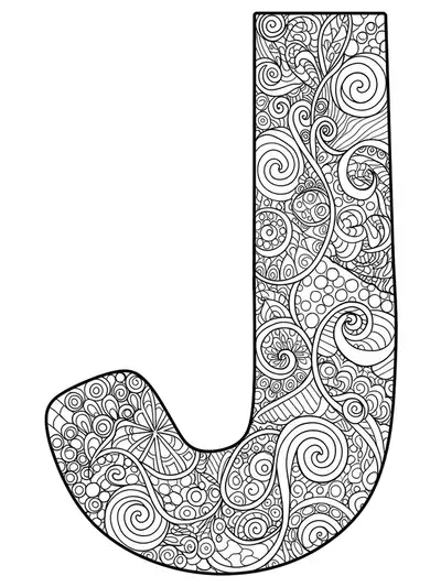 Letter J decorated and bordered with swirling Zen Tangle patterns, black and white, medium-level adult coloring page.