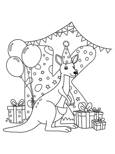 Letter K with a smiling kangaroo wearing a party hat, surrounded by holiday decorations and balloons.