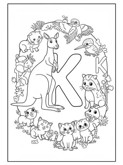 Line art coloring page with the letter K, kangaroo, kingfisher, kitten, and other animals.