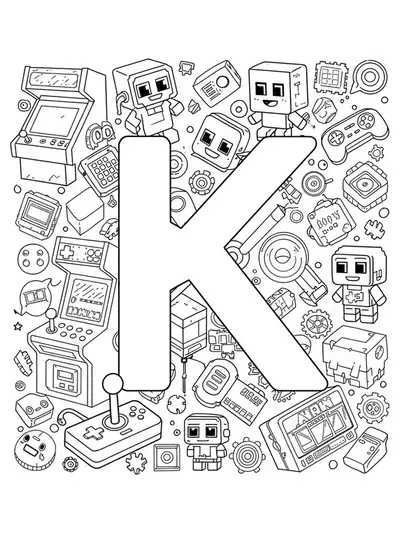 Coloring page of the letter K with pixel art, arcade machines, and joysticks, medium detail, for teens.