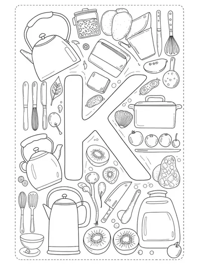 Line art coloring page featuring the letter K with kitchen items such as a kettle, knife, and kiwi.