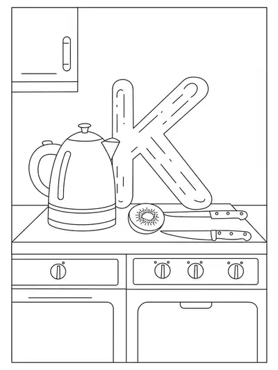 Large letter K with a kettle, knife, and kiwi fruit on a kitchen counter, designed for preschoolers.