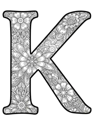 Intricate coloring page of the letter K with detailed kaleidoscope flower patterns and leaves.