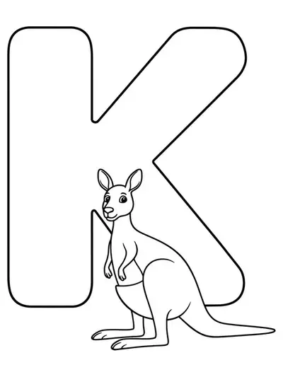 A large letter K with a simple cartoon kangaroo beside it, designed for kids to color.