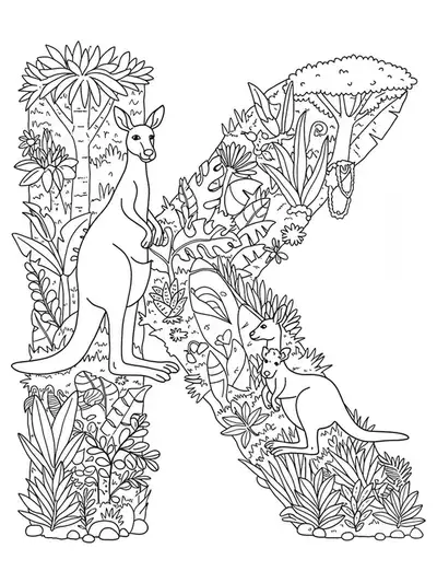 Intricate coloring page of the letter K and detailed kangaroos, plants, trees, and flowers.